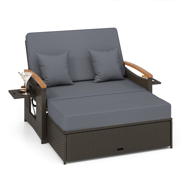Outdoor Wicker Daybed Rattan Woven Loveseat with Storage Ottoman-