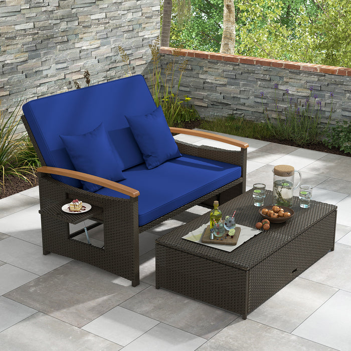 Outdoor Wicker Daybed Rattan Woven Loveseat with Storage Ottoman-