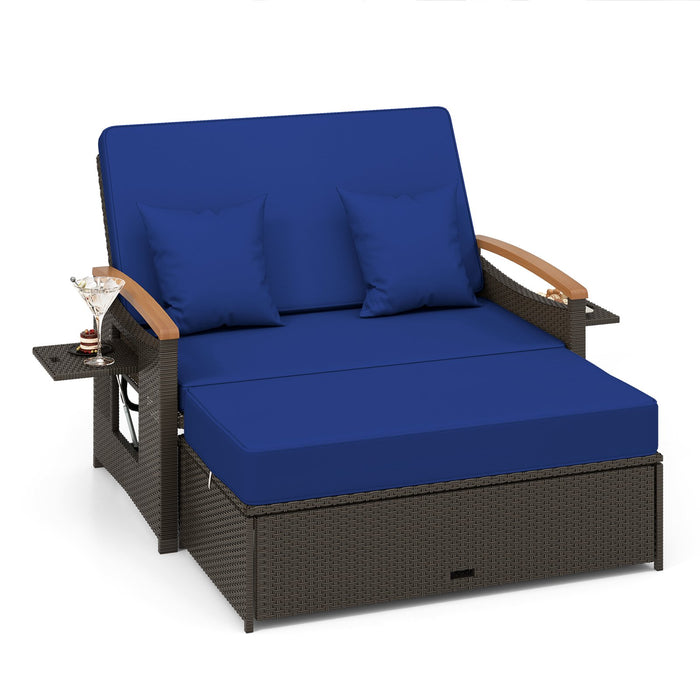 Outdoor Wicker Daybed Rattan Woven Loveseat with Storage Ottoman-