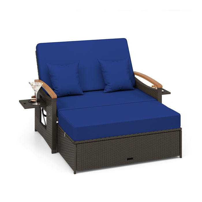 Outdoor Wicker Daybed Rattan Woven Loveseat with Storage Ottoman-