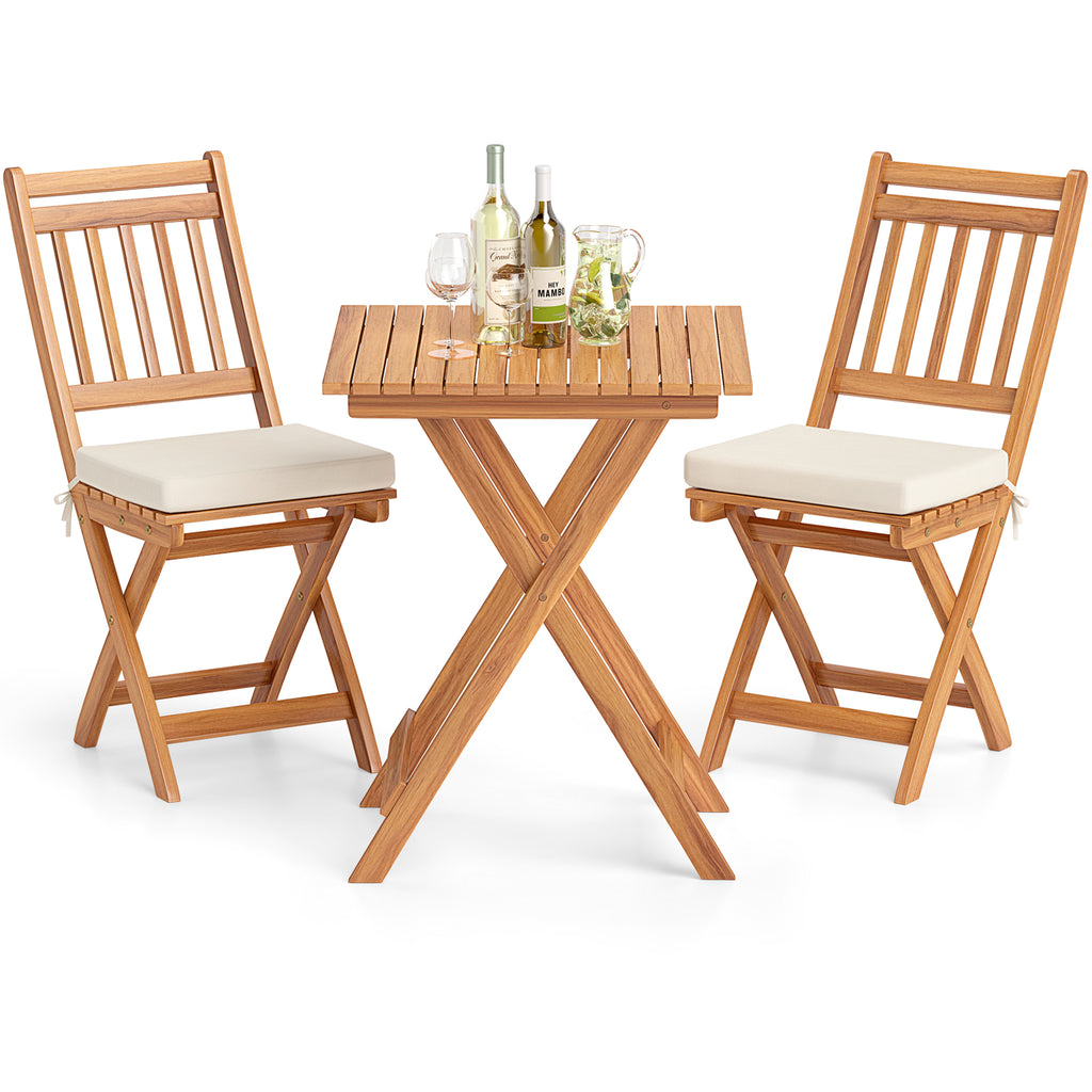 3 Pieces Outdoor Acacia Wood Bistro Set with Seat Cushions and High Back Armless Chairs-Vertical-