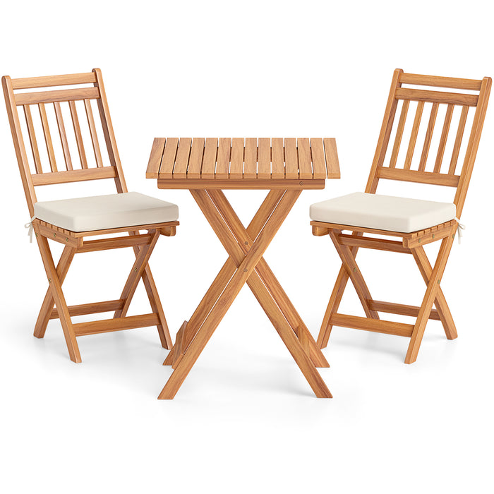 3 Pieces Outdoor Acacia Wood Bistro Set with Seat Cushions and High Back-Horizontal-
