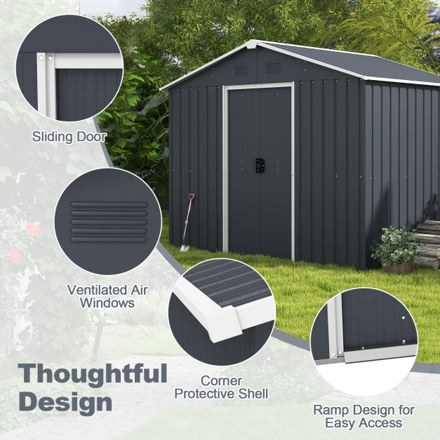 Galvanized Metal - Spacious Garden Shed with Foundation Ramp and Sliding Door - Perfect Storage Solution for Gardening Tools and Equipment