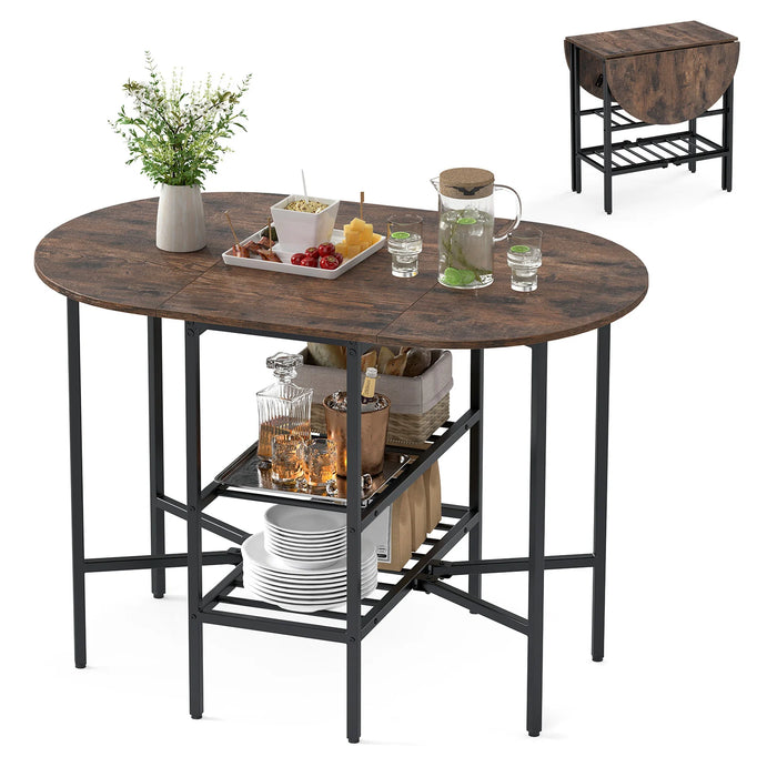 Oval dining table with 2 folding side panels and a metal frame for 4 people-