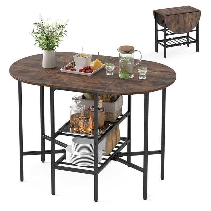 Oval dining table with 2 folding side panels and a metal frame for 4 people-