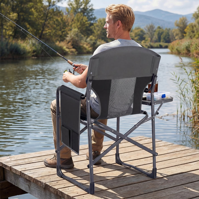 Oversized Padded Folding Camping Chair with Side Table-Navy