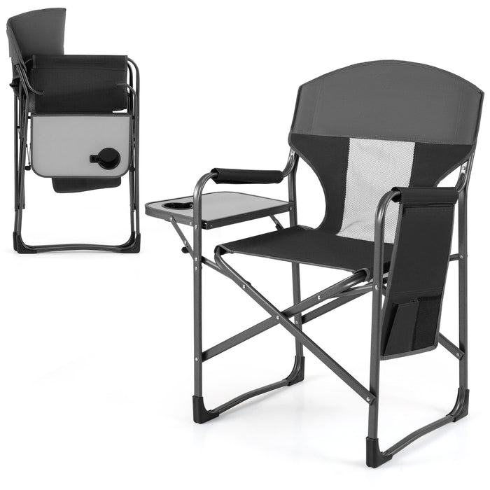 Oversized Padded Folding Camping Chair with Side Table-Navy