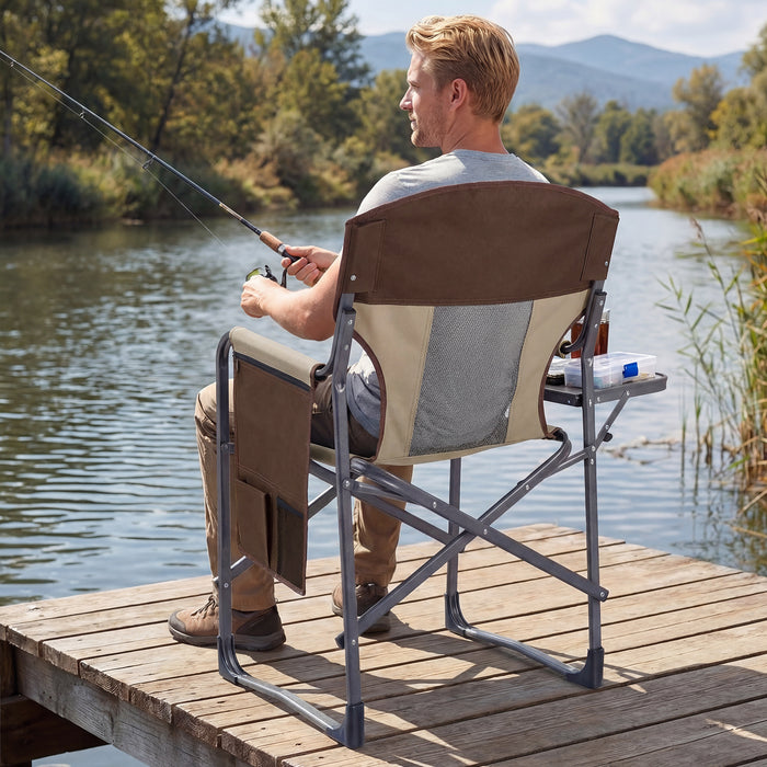 Oversized Padded Folding Camping Chair with Side Table-Navy