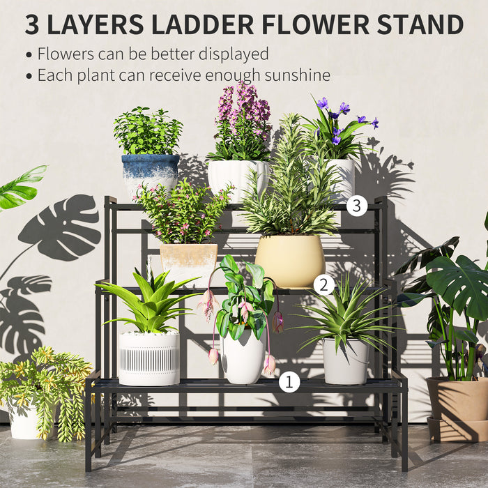 Outsunny 3-Tier Metal Plant Stand, Modern Ladder Shelf Flower Pot Holder for Indoor Outdoor, Display Shelf Rack for Garden Patio Balcony, Black