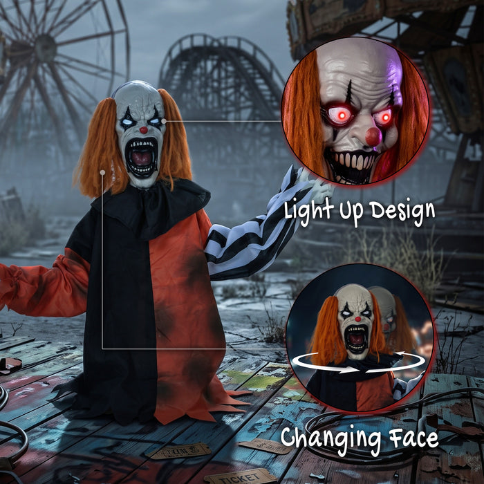 HOMCOM Animated Halloween Face Changing Clown, Animatronic Joker with Cackling Sound, Glowing Eyes, Sound/Touch Activated