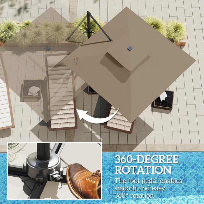 Outsunny 3.5x3 m Garden Cantilever Parasol with Solar LED Lights and Centre Light, Aluminium Large Square Patio Umbrella, UPF50+ Hanging Sun Shade with Cross Base, Crank Handle and Tilt, Khaki