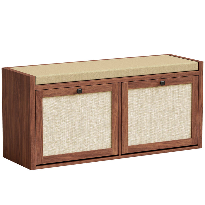 HOMCOM Rattan Shoe Bench with Padded Cushion and 2 Cabinets for Hidden Storage, Brown