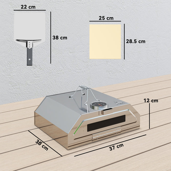 Outsunny 8 in Portable Stainless Steel BBQ Grill Top Pizza Oven with Built-in Thermometer and Viewing Window for Gas and Charcoal BBQ Grills, Includes Carry Handles, Pizza Stone and Peel, Silver Tone
