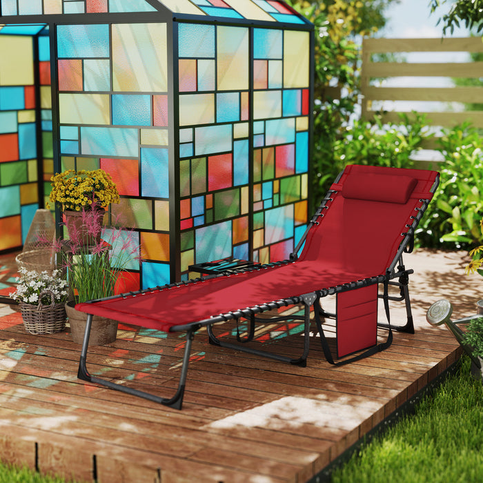 Outsunny Folding Sun Lounger with Side Table, 5-Level Adjustable Reclining Sun Lounger Chair, Portable Garden Recliner Sunbed with Side Pocket, Head Pillow for Patio, Beach, Red