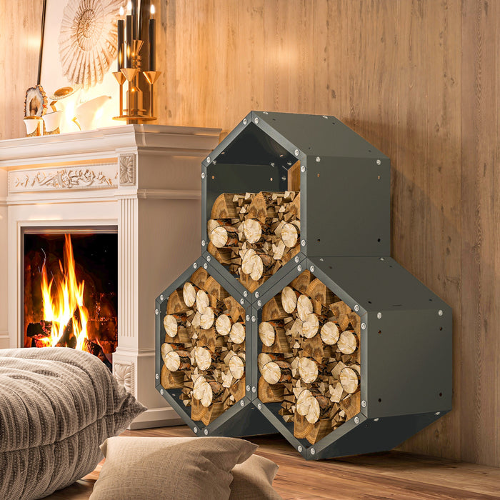 Outsunny Three-Shelf Hexagon Metal Firewood Rack - Grey | Aosom UK