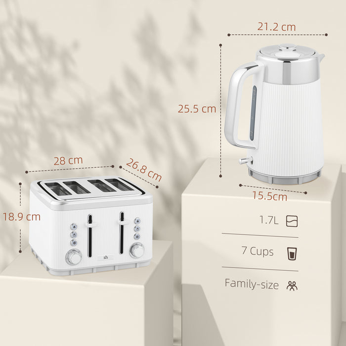 HOMCOM Electric Kettle and Toaster Set, 3000W 1.7L UK Strix Thermostat Rapid Boil Jug Kettle with Limescale Filter, Cool Touch Body, 4 Slice Toaster with 7 Browning Controls, Crumb Tray, White