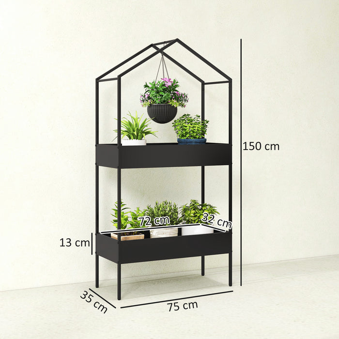 Outsunny 2 Tier Plant Stand, Outdoor Indoor Metal Plant Stand with Hook, House-Shaped Pots Holder Display Rack, Black
