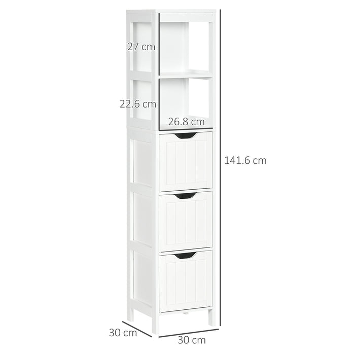 HOMCOM Narrow Floor Cabinet, Bathroom Cabinet with 3 Drawers and 2 Open Shelves, 30W x 30D x 141.6Hcm, White