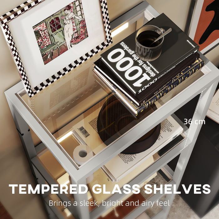 HOMCOM LED Floor Lamp with Glass Shelves, 4 Layers Dimmable Tall Standing Lamp, Modern Column Shelf Floor Light for Living Room, Bedroom, Office, Grey