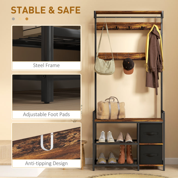 HOMCOM Coat Rack with Bench and Shoe Storage, 4-in-1 Coat Stand with 15 Coat Hooks, 2 Fabric Drawers for Hallway, Living Room, Bedroom, Rustic Brown