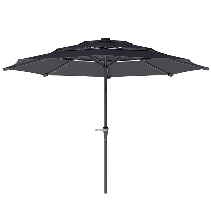 Outsunny 3-Tier Garden Parasol with Solar LED Lights, UPF 30+, Tilt Mechanism & Crank Handle, for Market Terrace, Dark Grey