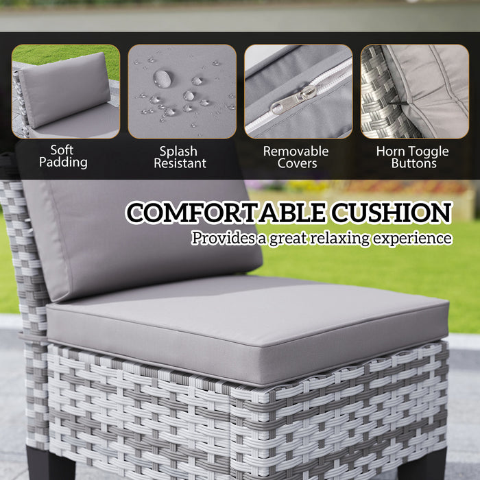 Outsunny 7-Piece Rattan Garden Dining Set, 6 Seater Wicker Garden Furniture Set with Seat and Back Cushions, Umbrella Hole, Patio Table and Chairs with Slatted Metal Top Table for Balcony, Grey