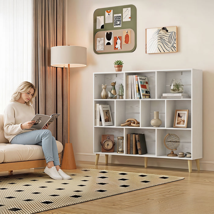 HOMCOM 10-Cube Bookcase, 3-Tier Book Shelf with Solid Wood Legs, 140 cm Modern Bookshelf with Anti-Tip Kit for Bedroom, White