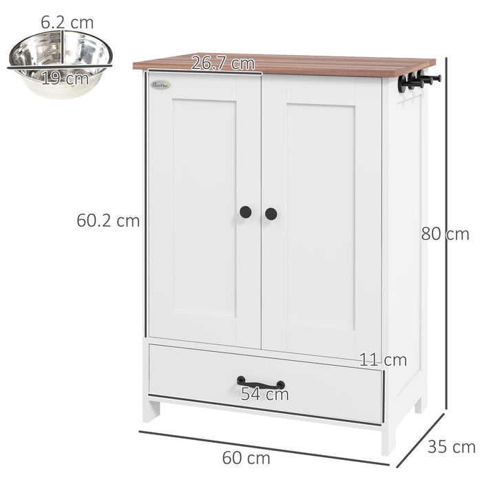 PawHut Pet Feeding Station with Raised Dog Bowls, Adjustable Panel, Hooks, Dog Food Storage Cabinet, White