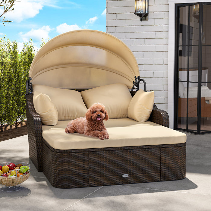 PE Rattan Daybed with Retractable Canopy and Soft Cushions for Backyard-
