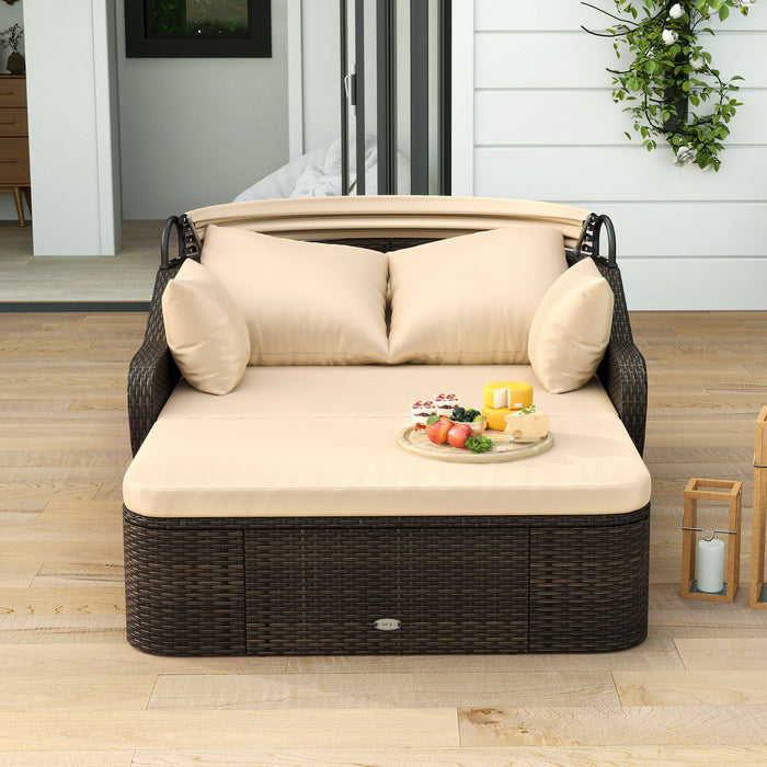PE Rattan Daybed with Retractable Canopy and Soft Cushions for Backyard-