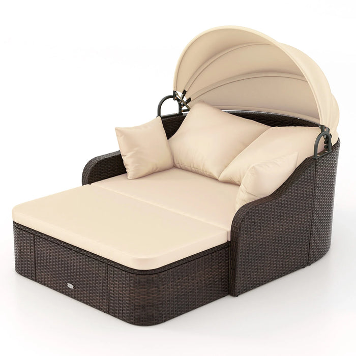 PE Rattan Daybed with Retractable Canopy and Soft Cushions for Backyard-