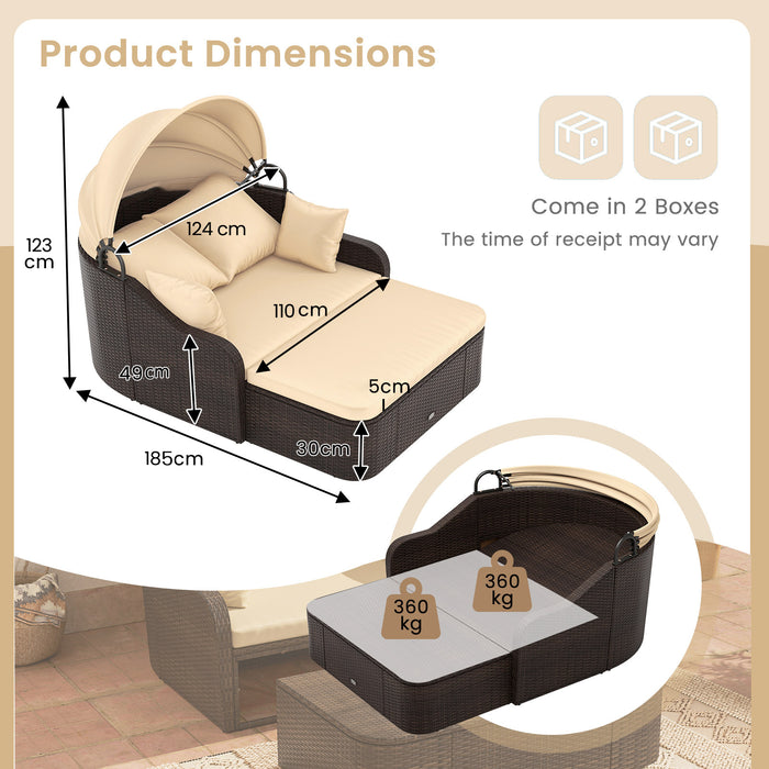 PE Rattan Daybed with Retractable Canopy and Soft Cushions for Backyard-