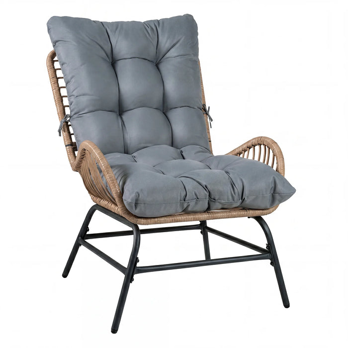 PE Rattan Leisure Chair with Cushion and Solid Metal Frame-Grey