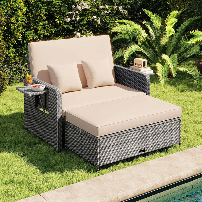 PE Wicker Outdoor Daybed with Loveseat and Ottoman for Poolside-
