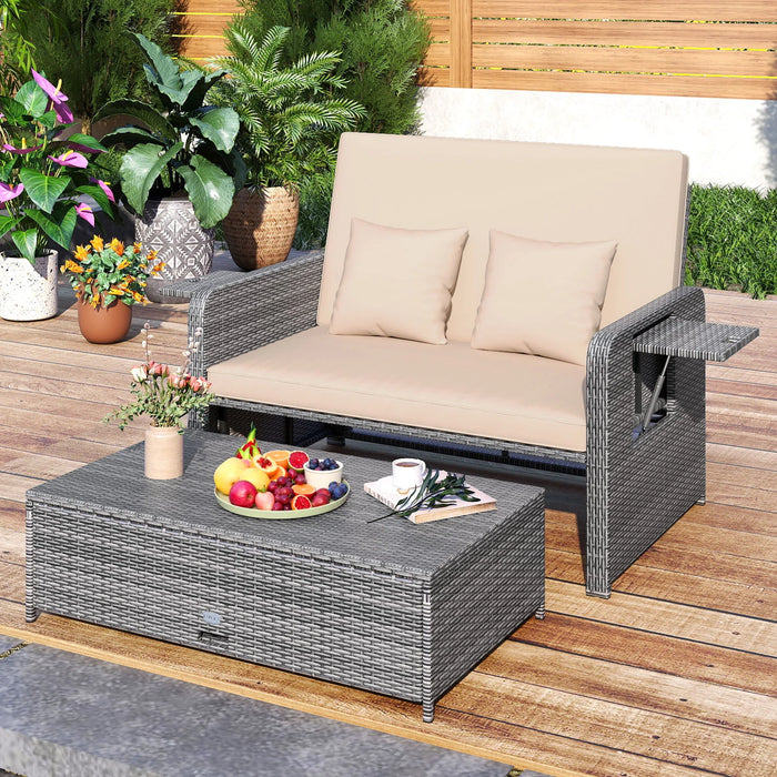 PE Wicker Outdoor Daybed with Loveseat and Ottoman for Poolside-