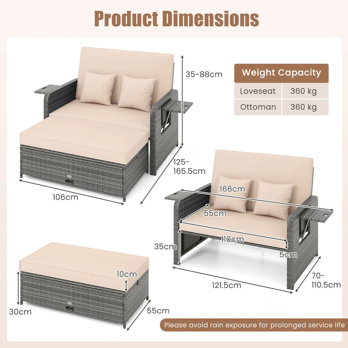 PE Wicker Outdoor Daybed with Loveseat and Ottoman for Poolside-