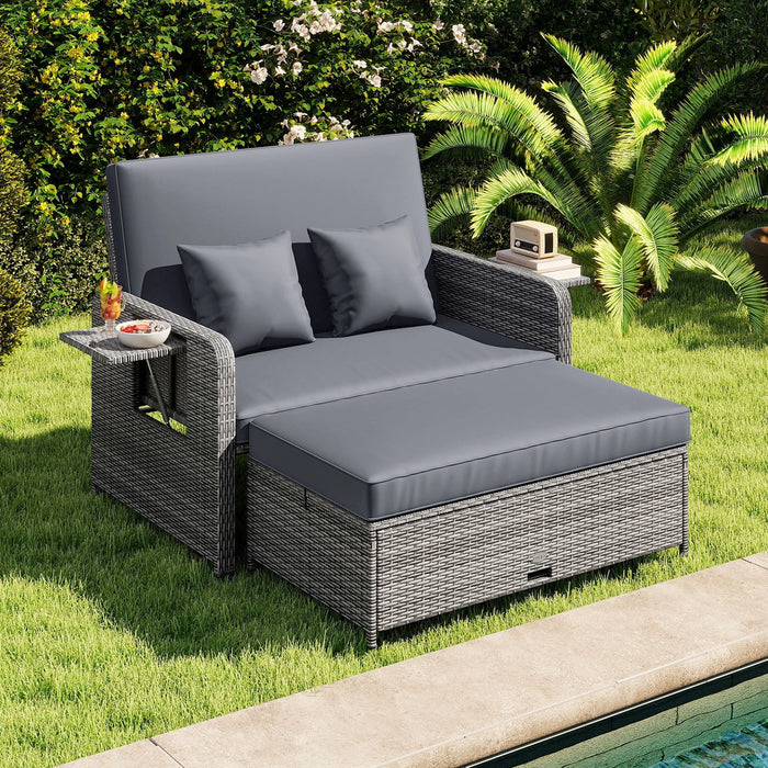 PE Wicker Outdoor Daybed with Loveseat and Ottoman for Poolside-