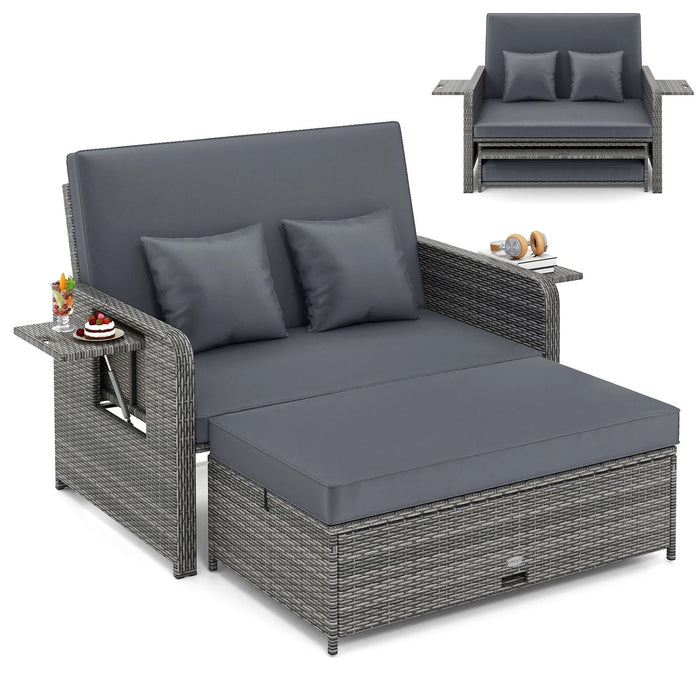PE Wicker Outdoor Daybed with Loveseat and Ottoman for Poolside-