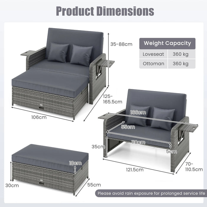 PE Wicker Outdoor Daybed with Loveseat and Ottoman for Poolside-