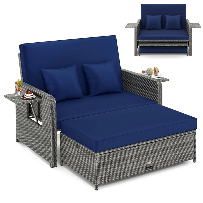 PE Wicker Outdoor Daybed with Loveseat and Ottoman for Poolside-