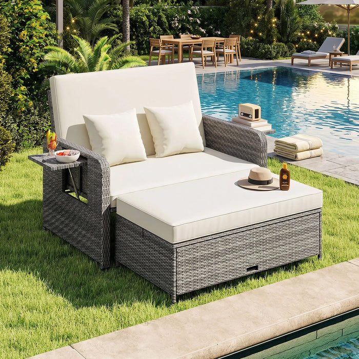 PE Wicker Outdoor Daybed with Loveseat and Ottoman for Poolside-