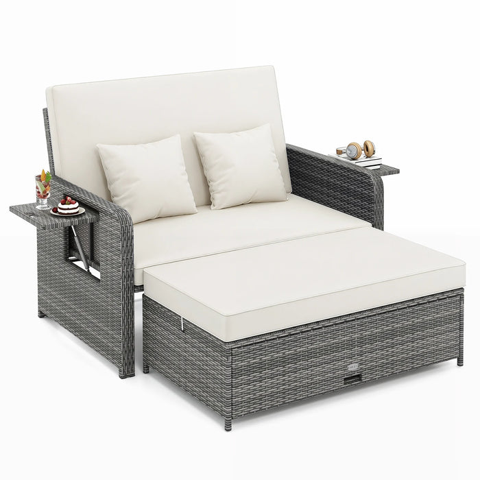 PE Wicker Outdoor Daybed with Loveseat and Ottoman for Poolside-