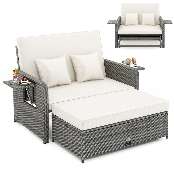 PE Wicker Outdoor Daybed with Loveseat and Ottoman for Poolside-