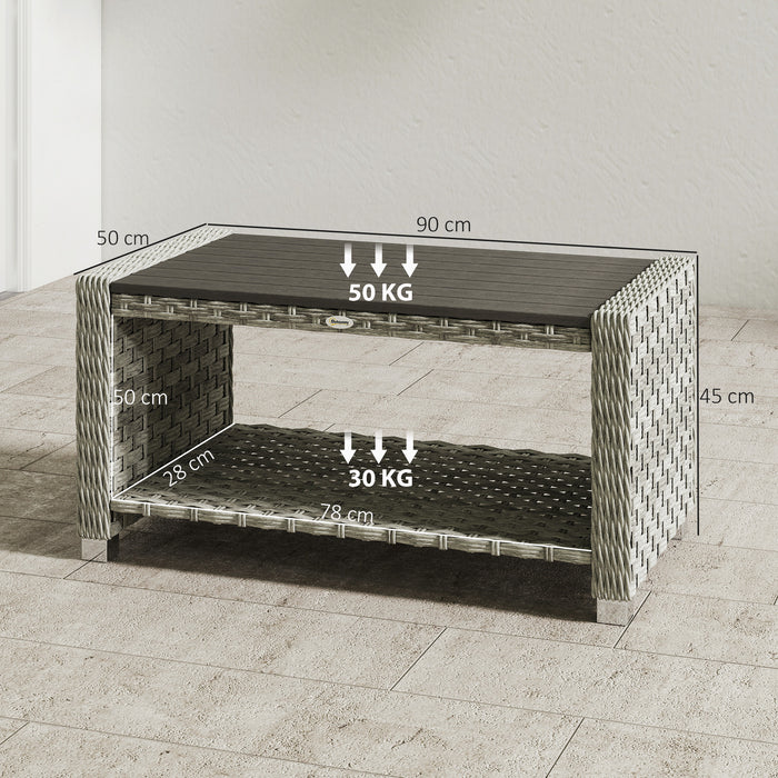 Outsunny Outdoor Coffee Table with Storage Shelf, PE Rattan Side Table with Slatted Top and Foot Pads, Grey