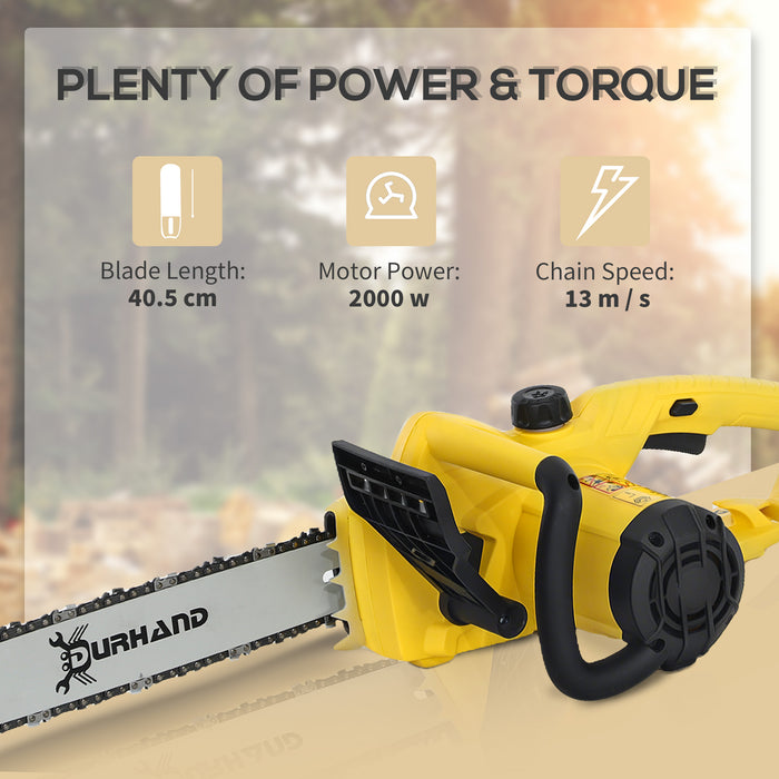 DURHAND Aluminium Chainsaw with Double Brake Protection and Blade Cover, 2000 W, 40 cm, for Wood, Trees and Branches, Yellow