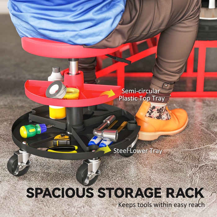 HOMCOM Rolling Mechanic Stool, 135kg Capacity Workshop Stool, 360° Swivel Roller Padded Creeper Seat with Wheels, Tool Trays Storage for Garage, Shop, Auto Repair, Red