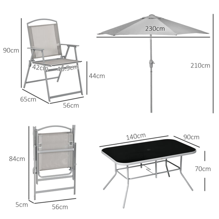 Outsunny Eight-Piece Garden Dining Set, with Chairs, Table and Parasol - Grey
