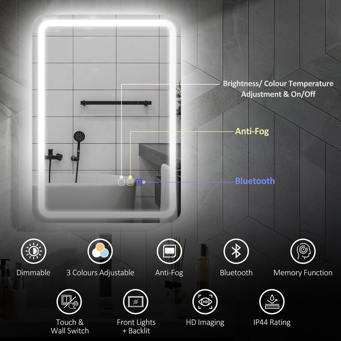 HOMCOM 50 x 70 cm Bluetooth LED Bathroom Mirror with Anti-Fog - Silver Tone