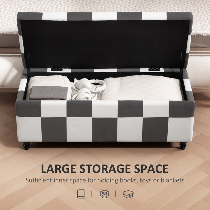 HOMCOM 114 x 47 x 47cm Velvet Storage Ottoman, Button-tufted Footstool Box, Toy Chest with Lid for Living Room, Bedroom, Dark Grey and White