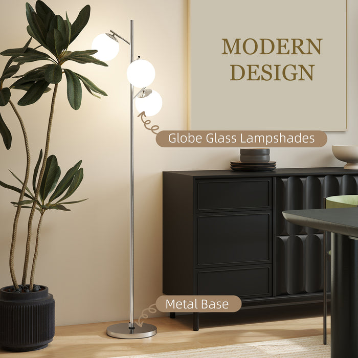 HOMCOM 3-Light Tree Floor Lamps for Living Room, Modern Standing Lamp for Bedroom with Globe Lampshade, 3000K/4000K/6000K Colour Temperatures, Steel Base, Silver Tone
